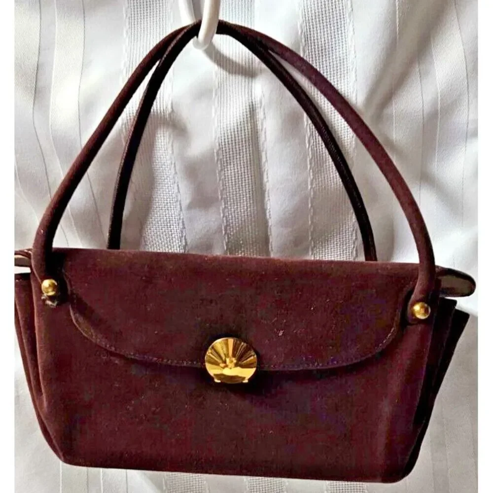 Vintage dark brown Square‎ basket Evening Bag Velvety Ultrasuede double handles